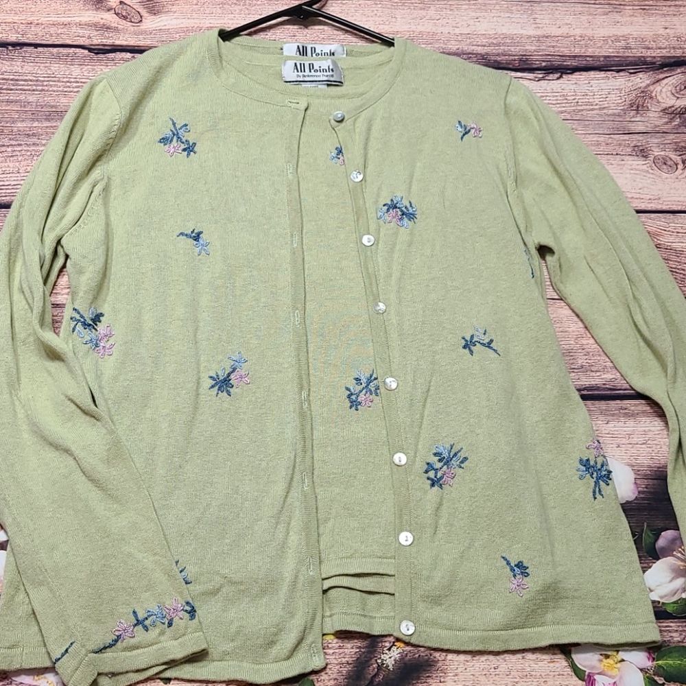 All Points Women's Light Green Embroidered Button Cardigan Sweater
